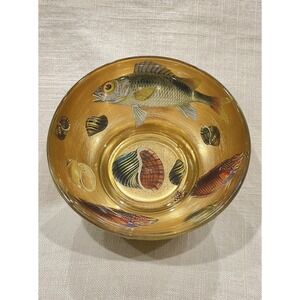 Scott Potter Fish And Shells In Gold And Green Small Bowl 5in Across SIGNED
